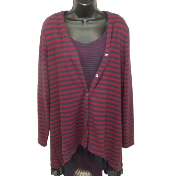 LOGO Lori Goldstein Cardigan Sweater XL Blue Red Layered Button Stripe Lace Hem - Picture 1 of 13